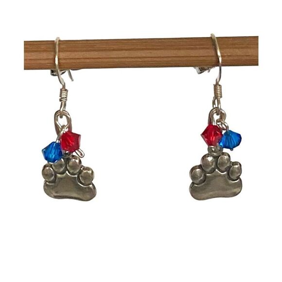 KU Just Cute Dangle Silver Paws Earrings With Red/blue accent crystals. - Picture 3 of 10